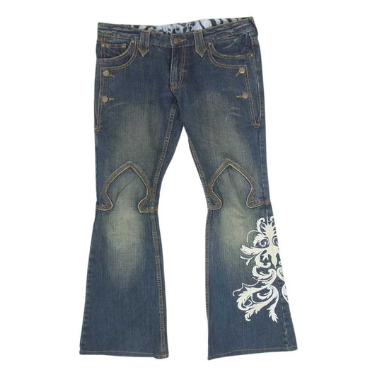 TORNADO MART トルネードマート TPT-8209 ダメージ加工 ラインストーン 唐草刺繍 ベルボトム ブーツカット フレア デニム パンツ インディゴブルー系 L【中古】