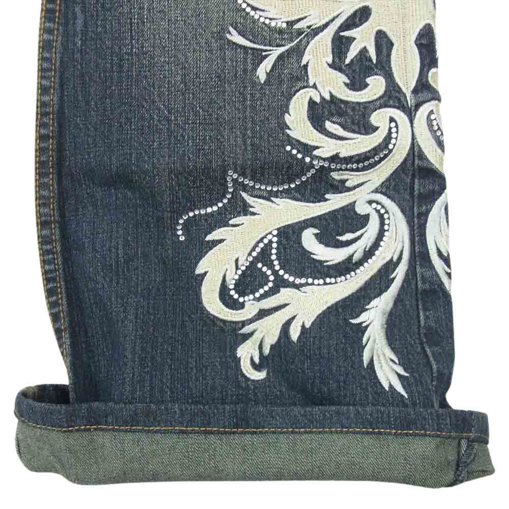 TORNADO MART トルネードマート TPT-8209 ダメージ加工 ラインストーン 唐草刺繍 ベルボトム ブーツカット フレア デニム パンツ インディゴブルー系 L【中古】