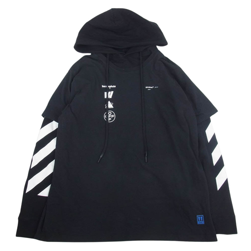 OFF-WHITE オフホワイト OMAB033E19185005 Diag Mariana Double Tee Hoodie ダイアグマリアナ ダブル Tシャツ フーディ レイヤード プルオーバー パーカー  ブラック系 L【中古】