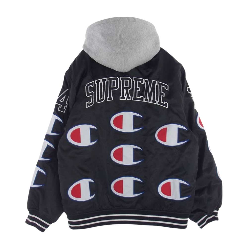 Supreme シュプリーム 18AW  × Champion Hooded Satin Varsity Jacket チャンピオン フーデッド サテン バーシティ ジャケット ブラック系 M【中古】