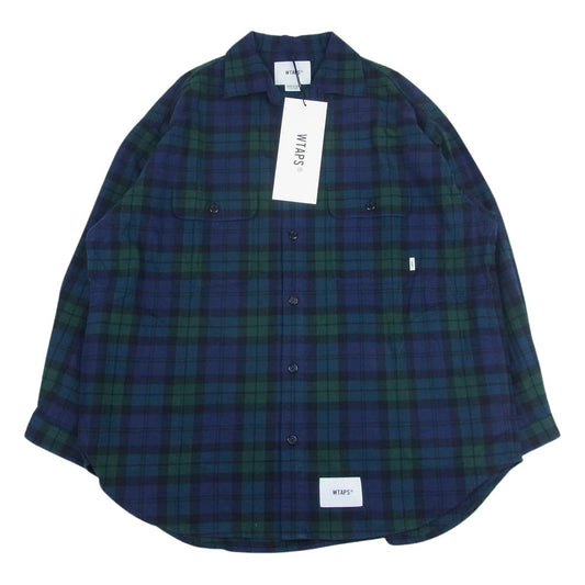 WTAPS ダブルタップス 22SS 221TQDT-SHM02 GREEN WCPO 02 LS COTTON FLANNEL TEXTILE オーバー シャツ コットン フランネル テキスタイル チェック グリーン系 03【美品】【中古】