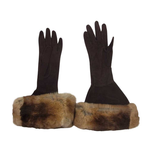FENDI フェンディ イタリア製 レザー スエード ファー 手袋 グローブ ブラウン系 L【中古】
