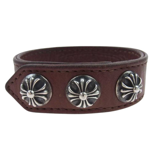CHROME HEARTS クロムハーツ（原本無） 3BTN 2SNP クロスボール 3ボタン 2スナップ レザー ブレスレット ブラウン系 シルバー系【中古】
