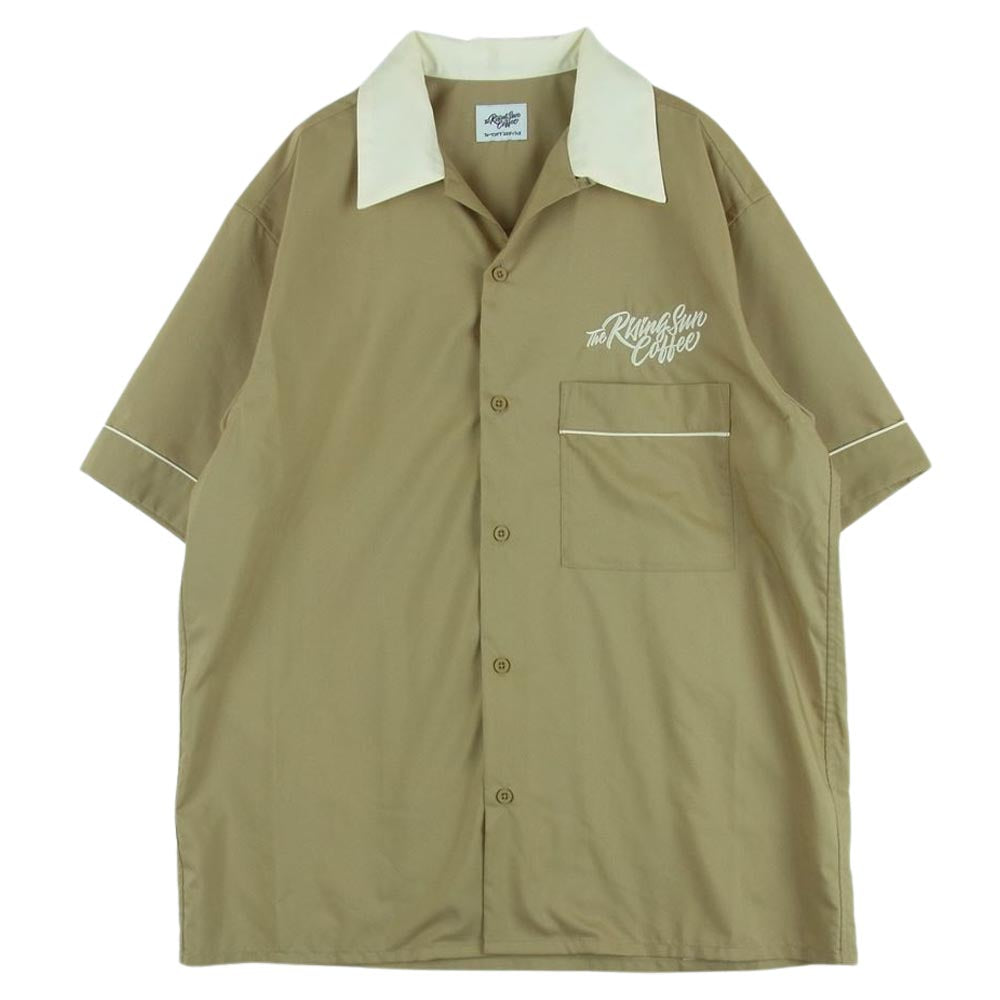 EDIFICE エディフィス フォーワンセブンエディフィス The RisingSun Coffee ライジングサンコーヒー 23-051-312-2001 RSC417 SURFING SHIRTS サーフ ロゴ刺繍 レーヨン 半袖 シャツ ベージュ系 M【美品】【中古】