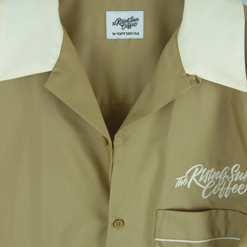 EDIFICE エディフィス フォーワンセブンエディフィス The RisingSun Coffee ライジングサンコーヒー 23-051-312-2001 RSC417 SURFING SHIRTS サーフ ロゴ刺繍 レーヨン 半袖 シャツ ベージュ系 M【美品】【中古】