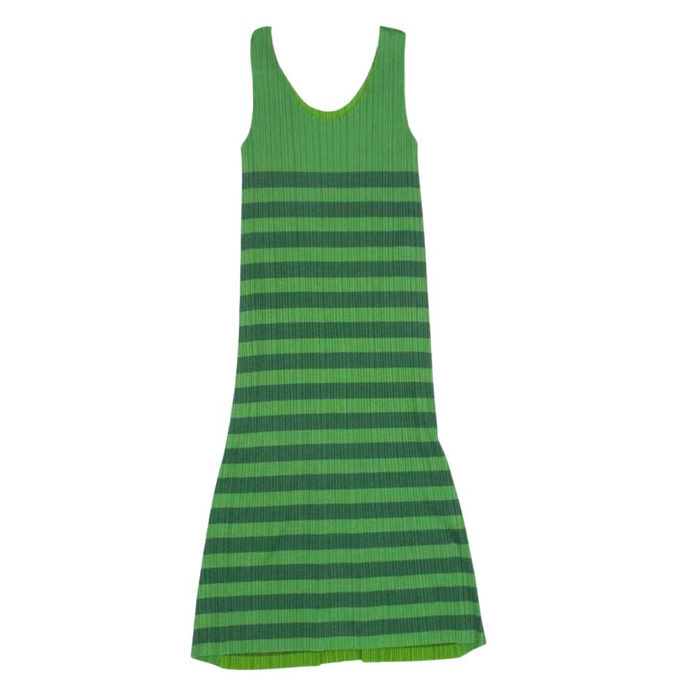 PLEATS PLEASE プリーツプリーズ イッセイミヤケ PP21-JH666 プリーツ加工 ボーダー ノースリーブ ロング ワンピース グリーン系 4【中古】