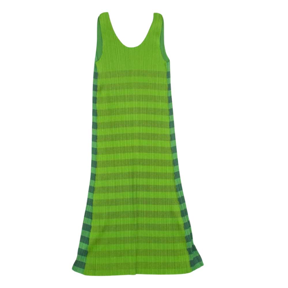 PLEATS PLEASE プリーツプリーズ イッセイミヤケ PP21-JH666 プリーツ加工 ボーダー ノースリーブ ロング ワンピース グリーン系 4【中古】