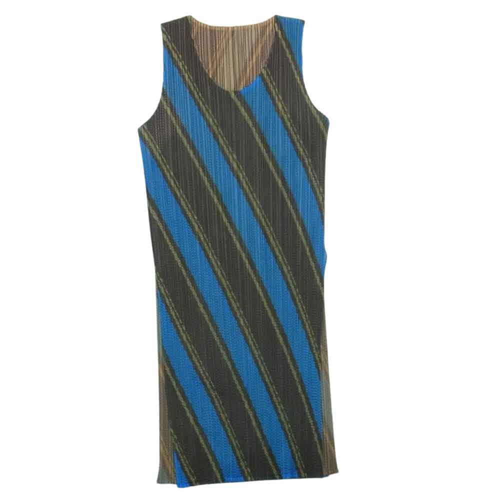 PLEATS PLEASE プリーツプリーズ イッセイミヤケ PP64-JK322 プリーツ加工 レジメンタルストライプ メッシュ ノースリーブ ワンピース ブルー系 5【中古】