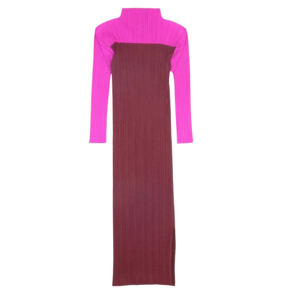 PLEATS PLEASE プリーツプリーズ イッセイミヤケ PP73-JH432 プリーツ加工 バイカラー切替 サイドスリット ボトルネック 長袖 ワンピース ドレス エンジ系 3【中古】