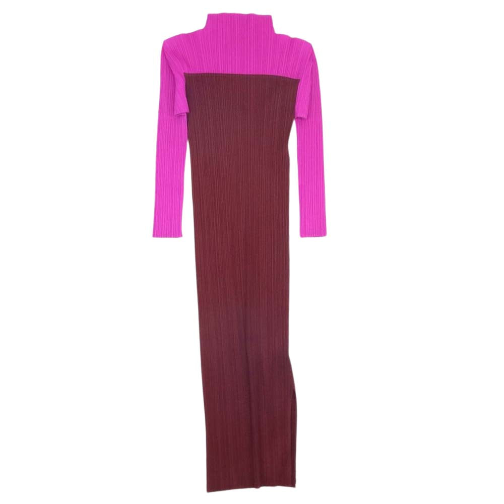 PLEATS PLEASE プリーツプリーズ イッセイミヤケ PP73-JH432 プリーツ加工 バイカラー切替 サイドスリット ボトルネック 長袖 ワンピース ドレス エンジ系 3【中古】