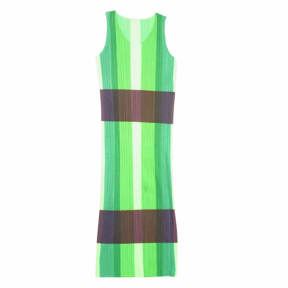 PLEATS PLEASE プリーツプリーズ イッセイミヤケ PP02-JH301 プリーツ加工 チェック ノースリーブ ロング ワンピース グリーン系 3【中古】