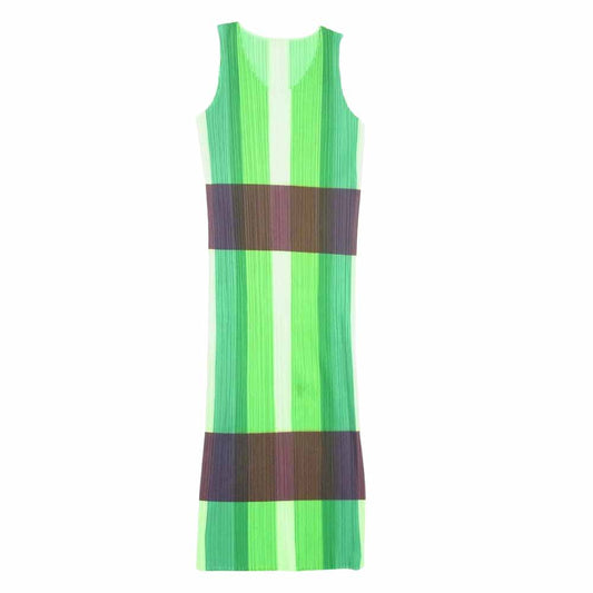 PLEATS PLEASE プリーツプリーズ イッセイミヤケ PP02-JH301 プリーツ加工 チェック ノースリーブ ロング ワンピース グリーン系 3【中古】