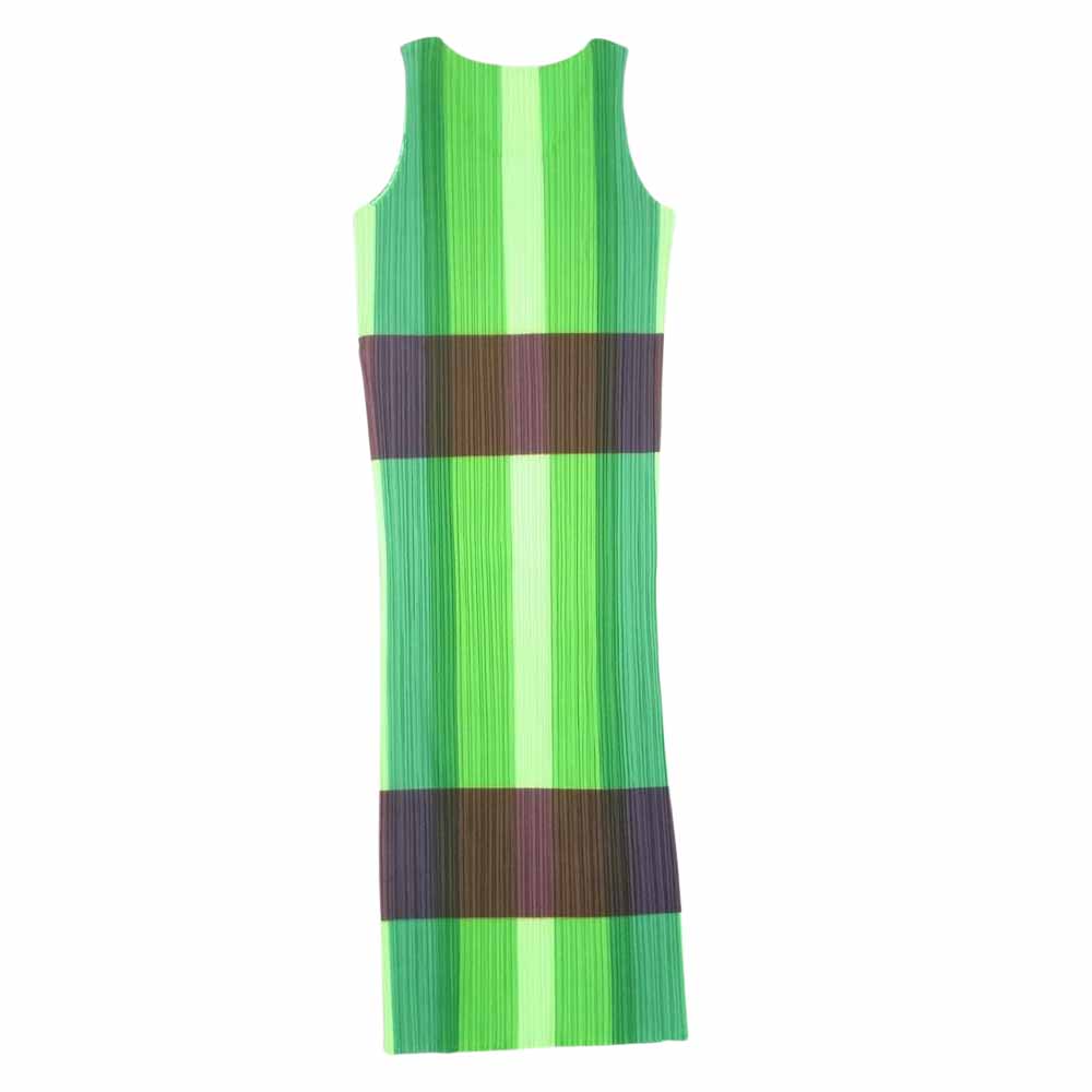 PLEATS PLEASE プリーツプリーズ イッセイミヤケ PP02-JH301 プリーツ加工 チェック ノースリーブ ロング ワンピース グリーン系 3【中古】