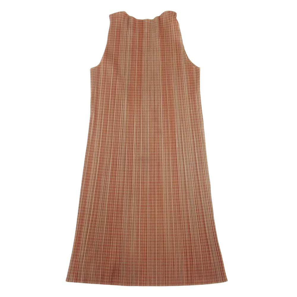 PLEATS PLEASE プリーツプリーズ イッセイミヤケ PP72-JH16 プリーツ加工 チェック ノースリーブ スリット ワンピース ベージュ系 オレンジ系 3【中古】