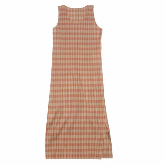 PLEATS PLEASE プリーツプリーズ イッセイミヤケ PP72-JH16 プリーツ加工 チェック ノースリーブ スリット ロング ワンピース ベージュ オレンジ系 2【中古】