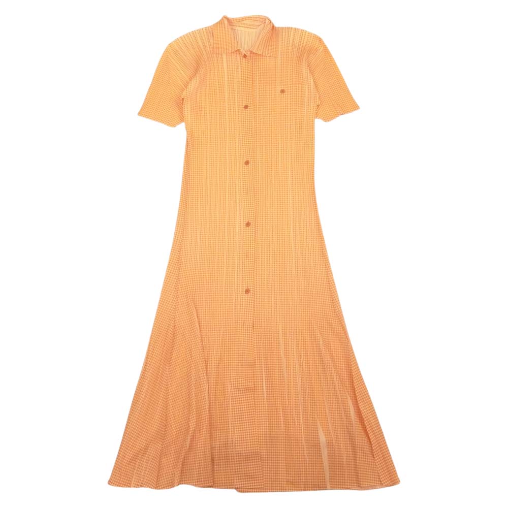 PLEATS PLEASE プリーツプリーズ イッセイミヤケ PP22-JH857 プリーツ加工 転写 プリント チェック シャツ ワンピース オレンジ系 4【中古】