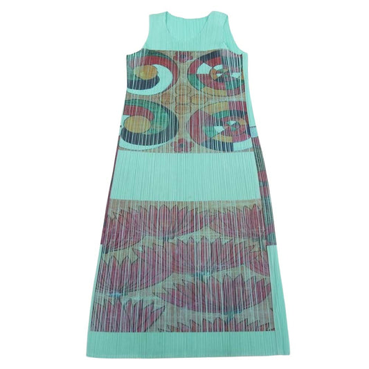 PLEATS PLEASE プリーツプリーズ イッセイミヤケ PP83-JH216 プリーツ加工 転写 プリント フラワー ノースリーブ ロング ワンピース グリーン系 2【中古】