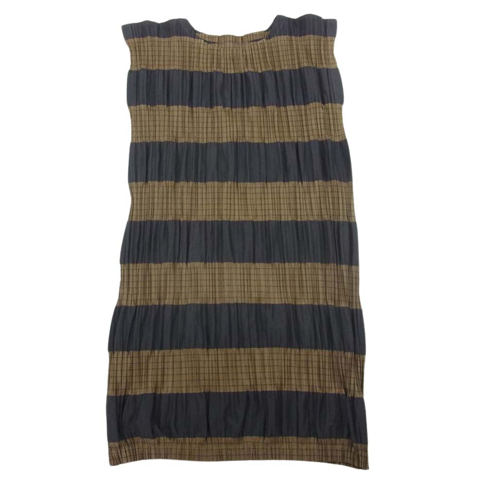 PLEATS PLEASE プリーツプリーズ イッセイミヤケ PP53-JT533 プリーツ加工 ボーダー フレンチスリーブ チュニック 半袖 ベージュ系 カーキ系 3【中古】