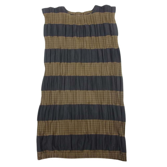 PLEATS PLEASE プリーツプリーズ イッセイミヤケ PP53-JT533 プリーツ加工 ボーダー フレンチスリーブ チュニック 半袖 ベージュ系 カーキ系 3【中古】