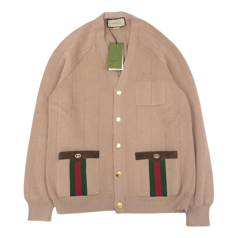 GUCCI グッチ 21AW 626349 XKBFJ ウェブ付き ウールブレンド ニット カーディガン ベージュ系 L【極上美品】【中古】