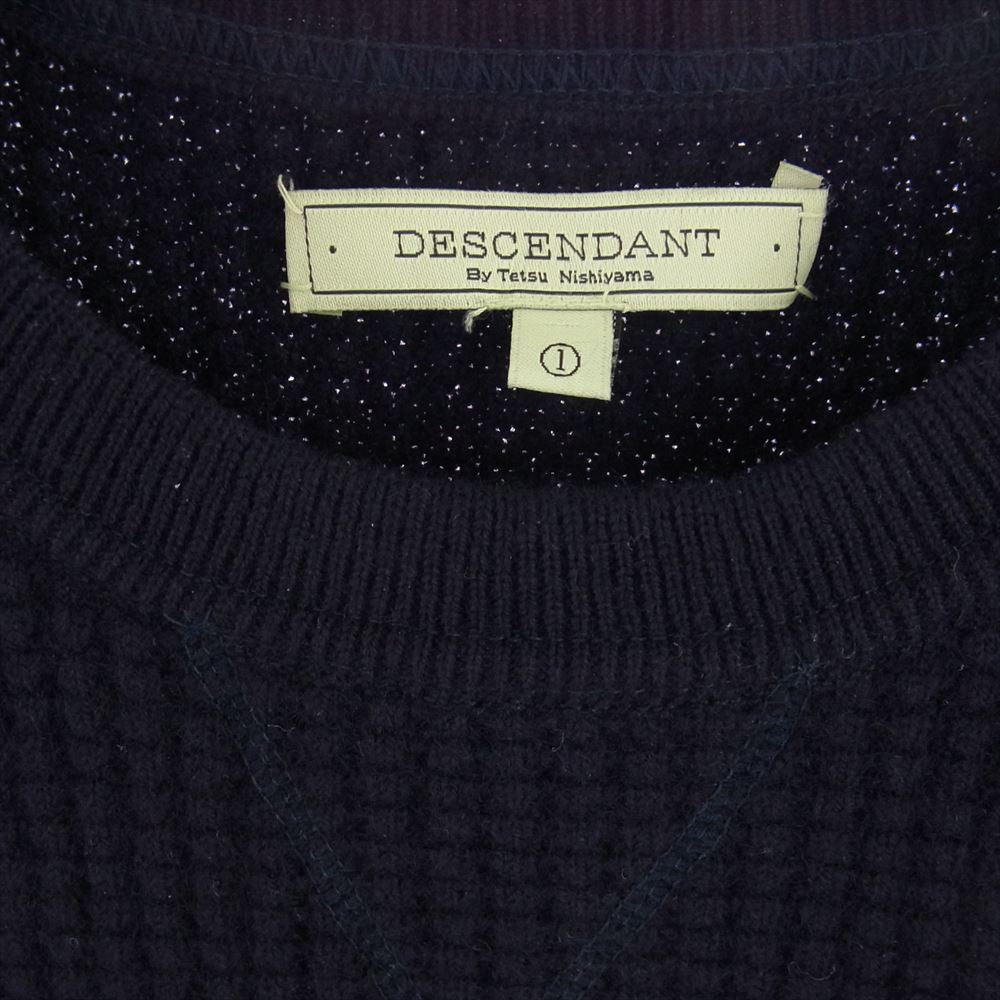 DESCENDANT ディセンダント カシミヤ100％ ワッフル クルーネック ニット ブラック ネイビー系 ①【中古】