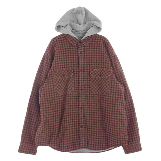 Supreme シュプリーム 22FW Houndstooth Flannel Hooded Shirt ハウンドトゥース フランネル フーデッド シャツ エンジ系 L【極上美品】【中古】