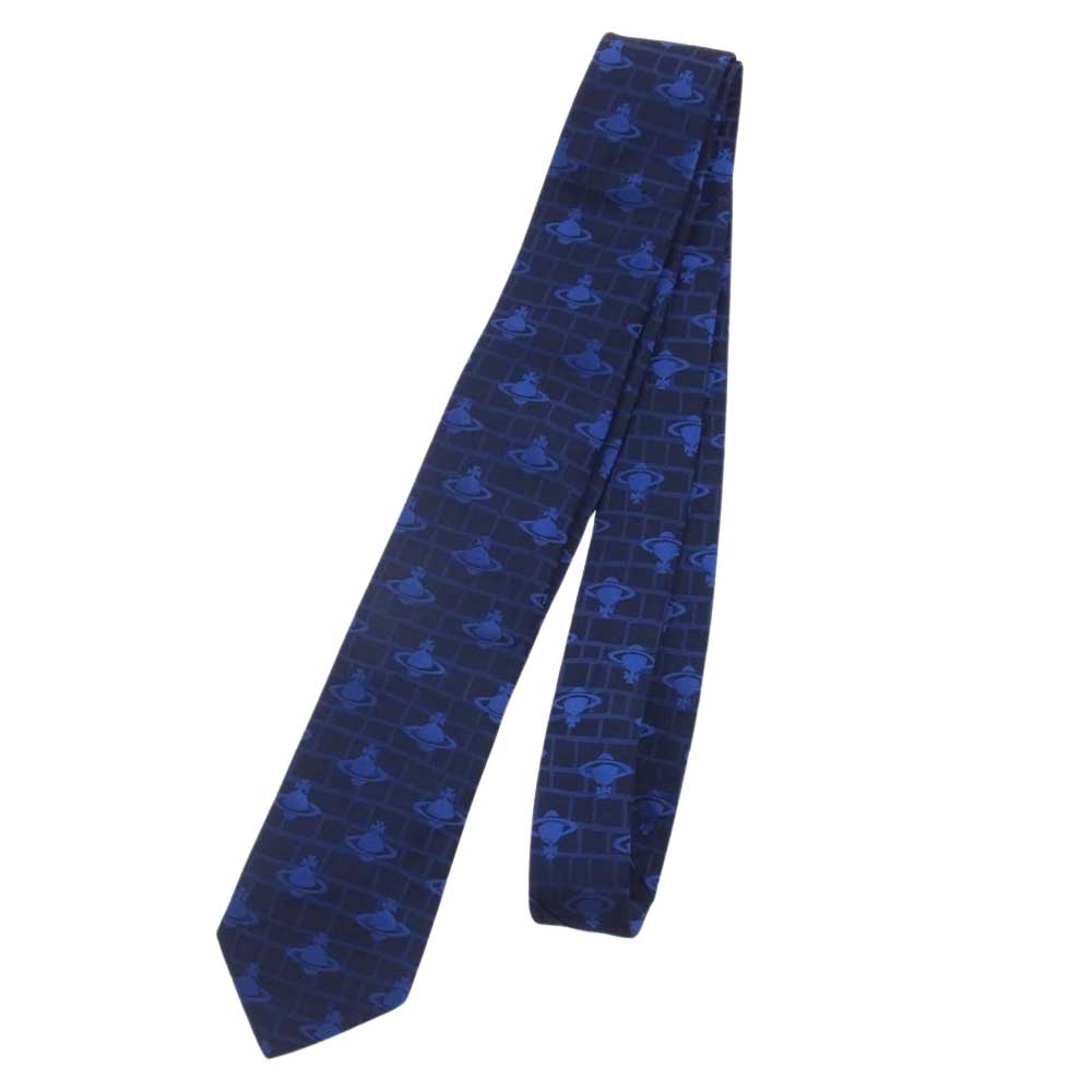 Vivienne Westwood ヴィヴィアンウエストウッド シルク ロゴ ネクタイ ブラック ブルー系 ネイビー系【中古】