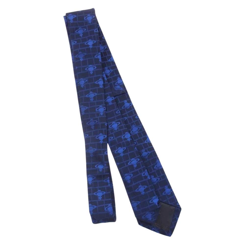 Vivienne Westwood ヴィヴィアンウエストウッド シルク ロゴ ネクタイ ブラック ブルー系 ネイビー系【中古】