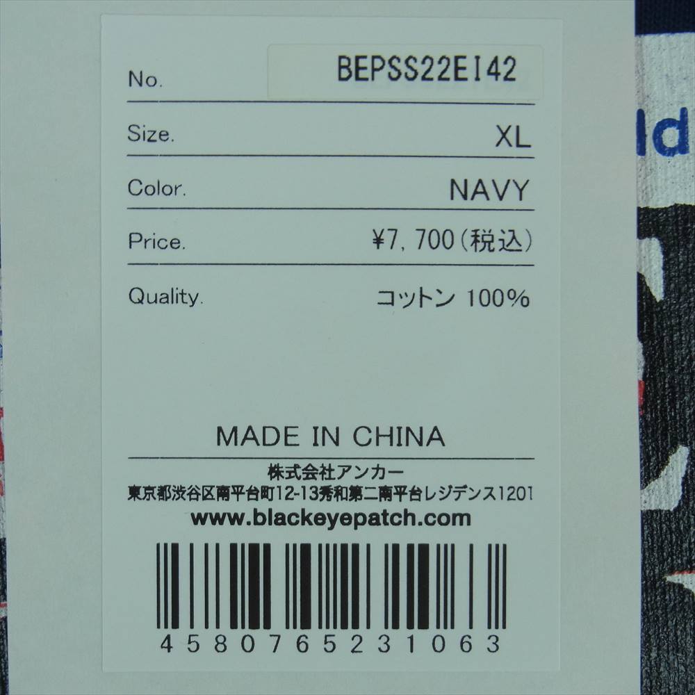 ブラック アイ パッチ 22SS BEPSS22EI42 PRIORITY LABEL TEE ロゴラベル プリント 半袖 Tシャツ ネイビー系 XL【新古品】【未使用】【中古】