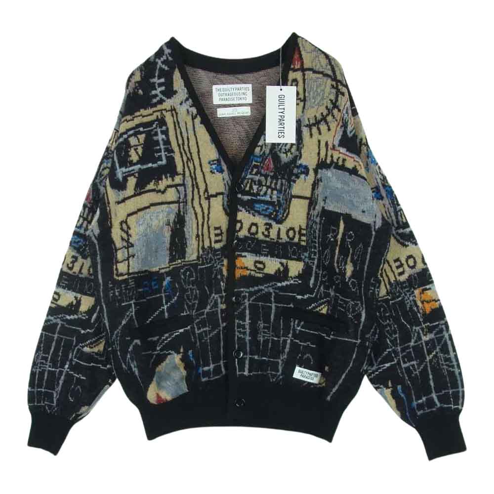 WACKO MARIA ワコマリア BASQUIAT-WM-KN04 JEAN-MICHEL BASQUIAT MOHAIR KNIT JACQUARD CARDIGAN TYPE-1 バスキア モヘア ニット ジャガード カーディガン ブラック系 ベージュ系 S【極上美品】【中古】