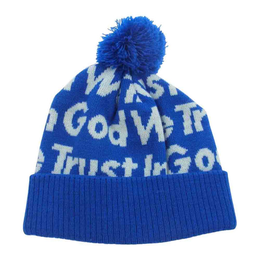 Supreme シュプリーム ボンボン付き メッセージ ロゴ ニット帽 ビーニー ブルー系【中古】