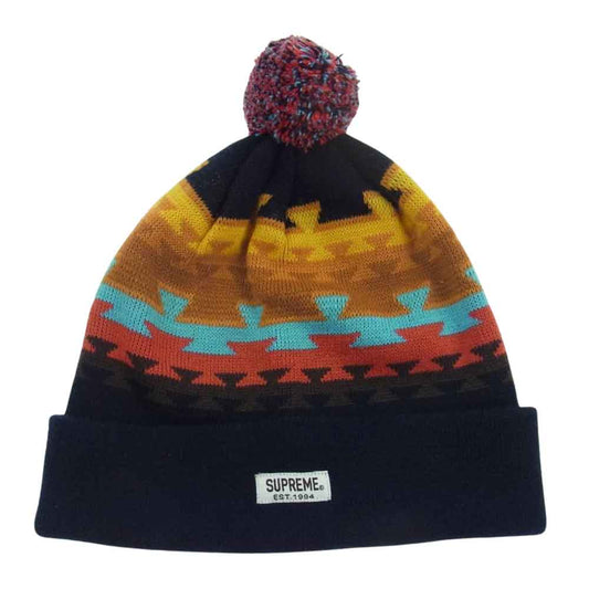 Supreme シュプリーム ボンボン付き ネイティブ ロゴ ワッペン ニット帽 ビーニー ブラック マルチカラー系【中古】