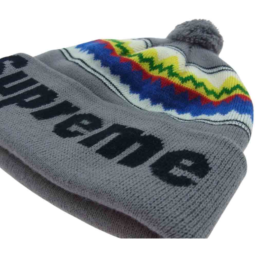 Supreme シュプリーム ボンボン付き ネイティブ ロゴ プリント ニット帽 ビーニー グレー グレー系 マルチカラー系【中古】