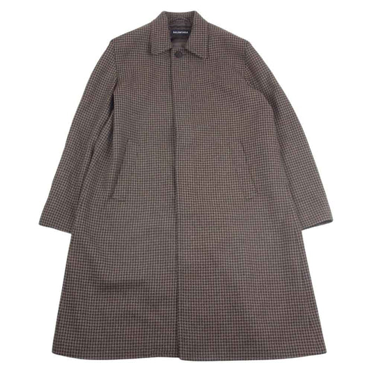 BALENCIAGA バレンシアガ 19AW 583851 TFU07 HOUNDSTOOTH WOOL COAT ハウンズトゥース 千鳥格子柄 ショルダーパッド ウール ステンカラー コート  ブラウン系 44【中古】