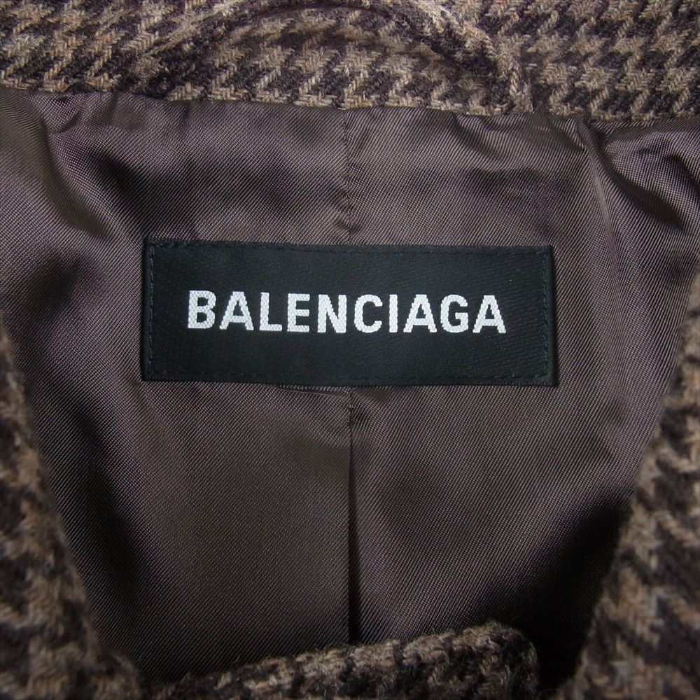 BALENCIAGA バレンシアガ 19AW 583851 TFU07 HOUNDSTOOTH WOOL COAT ハウンズトゥース 千鳥格子柄 ショルダーパッド ウール ステンカラー コート  ブラウン系 44【中古】