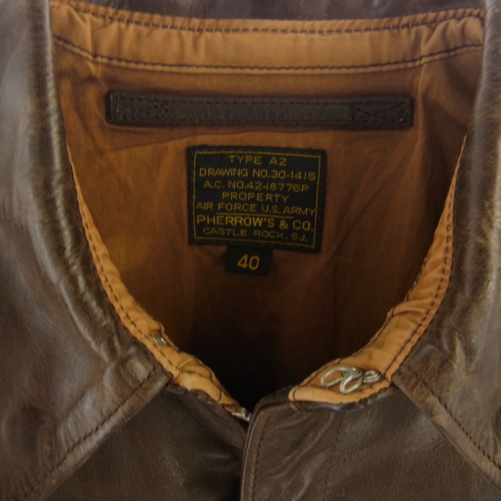 Pherrow's フェローズ TYPE A-2 ホースハイド フライト ジャケット ブラウン系 40【中古】