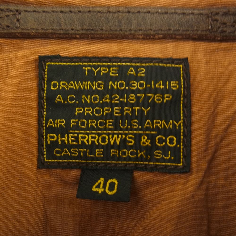 Pherrow's フェローズ TYPE A-2 ホースハイド フライト ジャケット ブラウン系 40【中古】