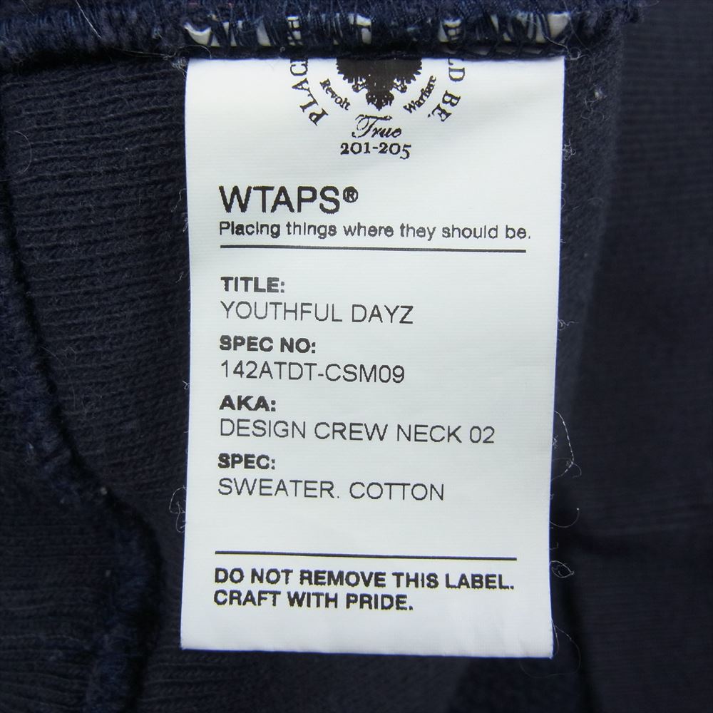 WTAPS ダブルタップス 14AW 142ATDT-CSM09 DESIGN CREWNECK 02/SWEATER.COTTON フロントロゴプリント クルーネックスウェットトレーナー ネイビー系 M【中古】