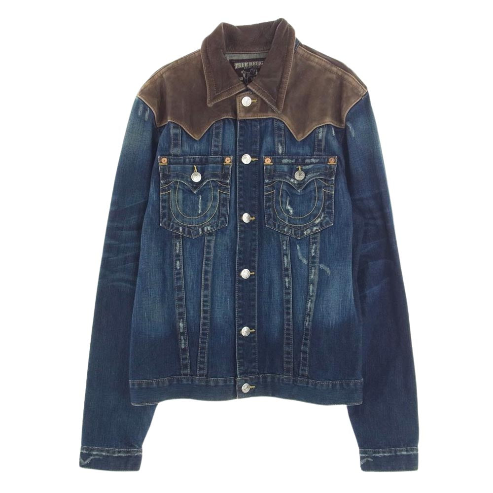 TRUE RELIGION トゥルーレリジョン 091-089965 デニム ジャケット レザー切替 ダメージ加工 インディゴブルー系 XXL【中古】