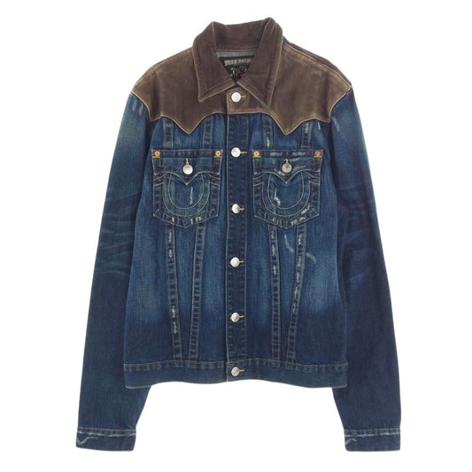 TRUE RELIGION トゥルーレリジョン 091-089965 デニム ジャケット レザー切替 ダメージ加工 インディゴブルー系 XXL【中古】