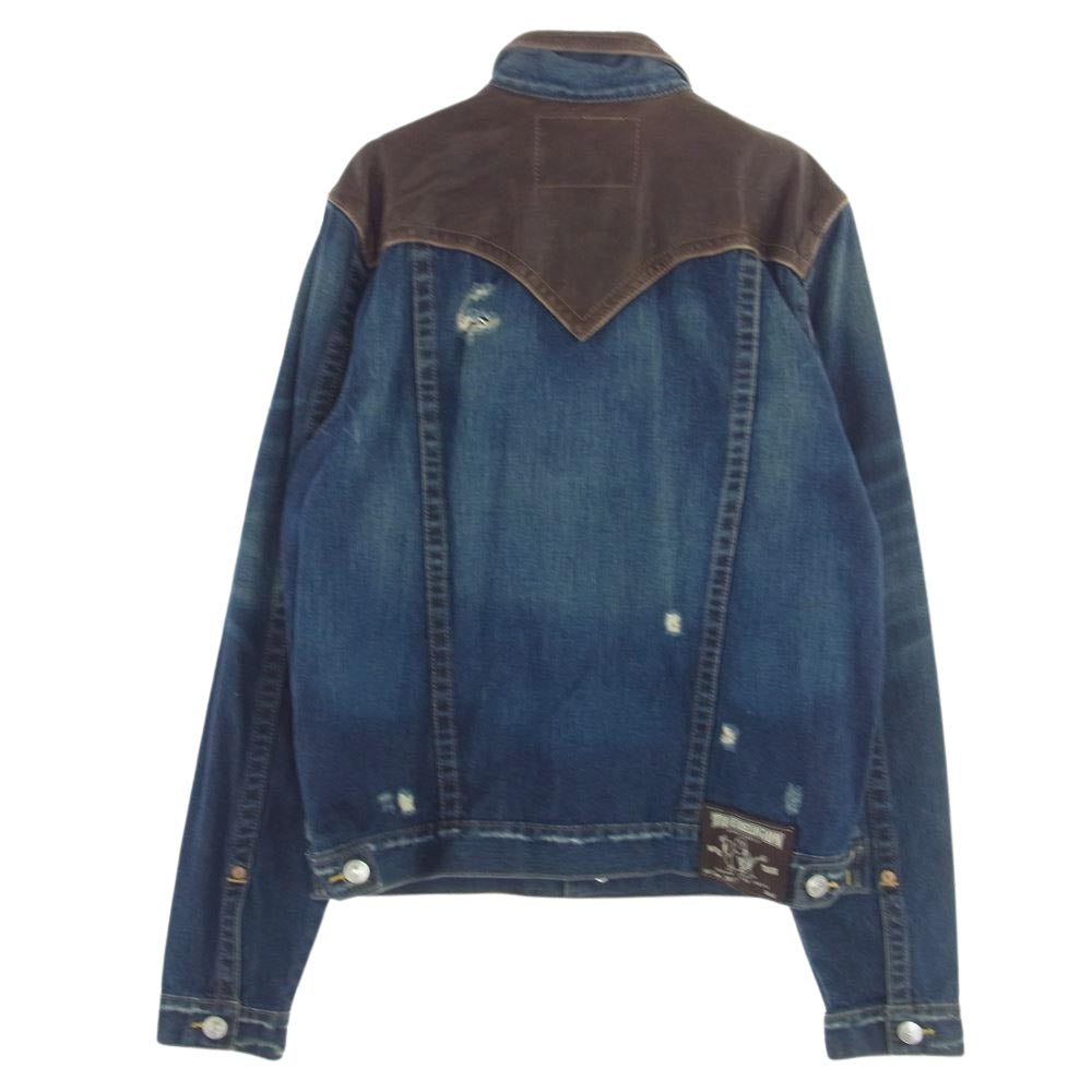 TRUE RELIGION トゥルーレリジョン 091-089965 デニム ジャケット レザー切替 ダメージ加工 インディゴブルー系 XXL【中古】