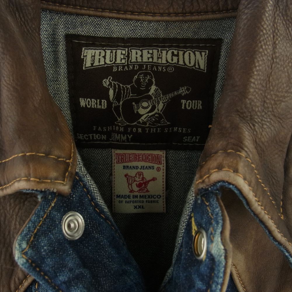 TRUE RELIGION トゥルーレリジョン 091-089965 デニム ジャケット レザー切替 ダメージ加工 インディゴブルー系 XXL【中古】