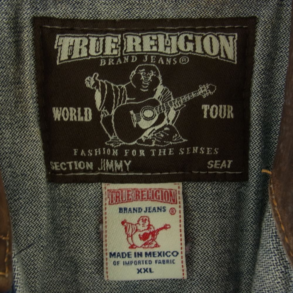 TRUE RELIGION トゥルーレリジョン 091-089965 デニム ジャケット レザー切替 ダメージ加工 インディゴブルー系 XXL【中古】