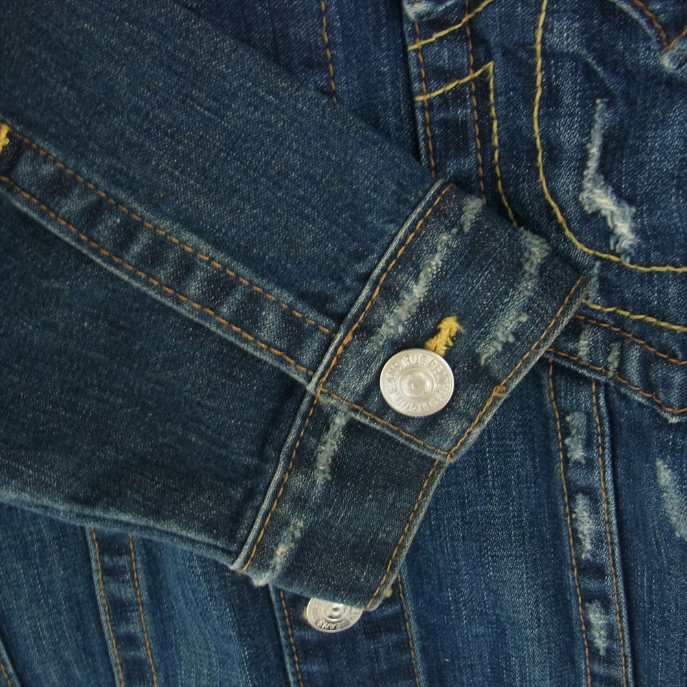 TRUE RELIGION トゥルーレリジョン 091-089965 デニム ジャケット レザー切替 ダメージ加工 インディゴブルー系 XXL【中古】