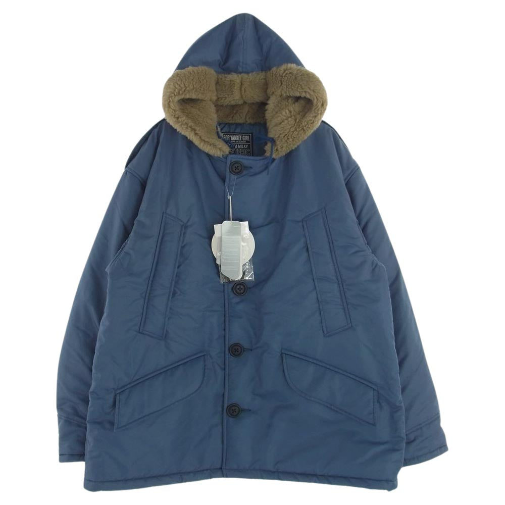HYSTERIC GLAMOUR ヒステリックグラマー 23AW 02233AC03 MULTI HYSTERIC WOMAN B-9 ガール プリント フーディ 中綿 コート ブルー系 L【極上美品】【中古】