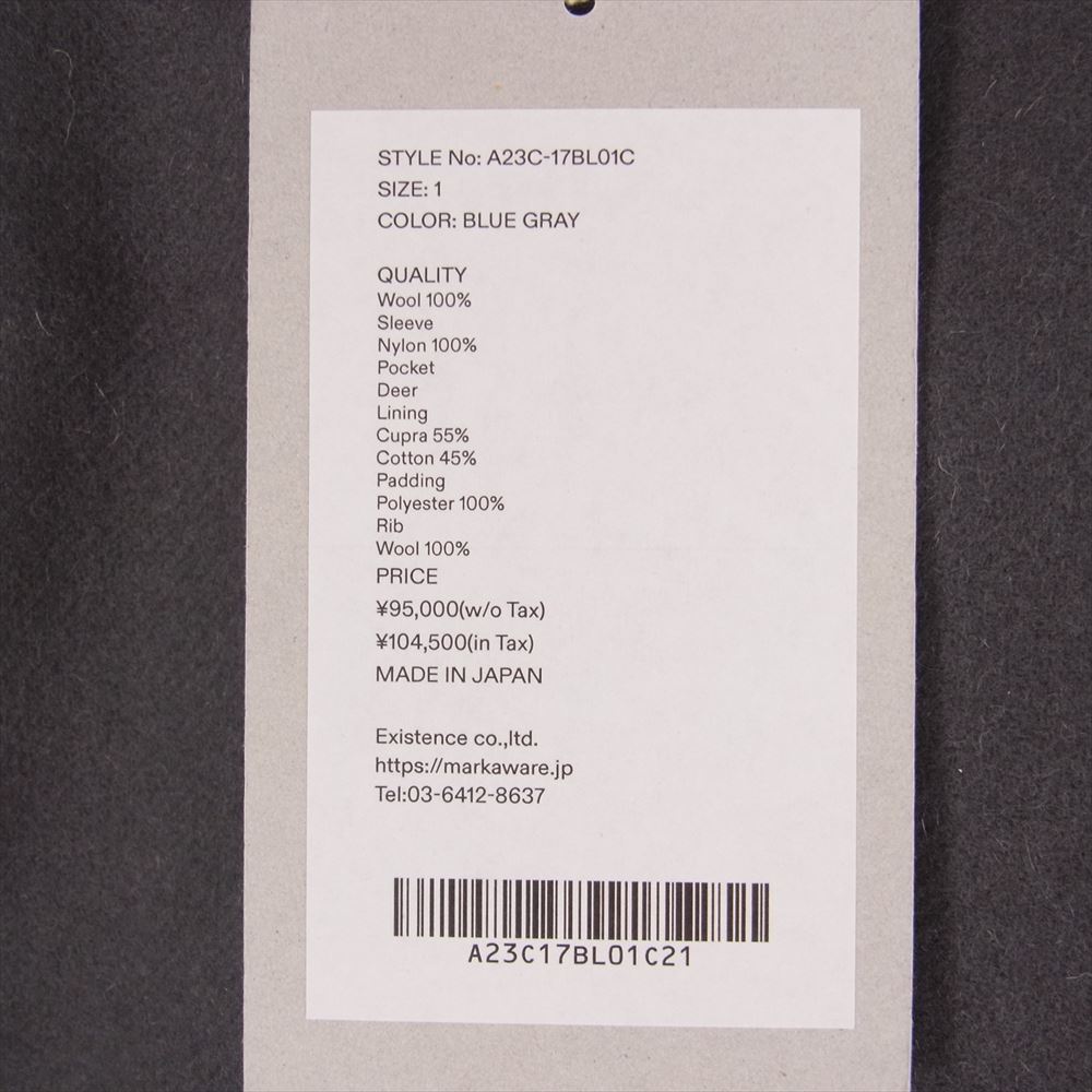 markaware マーカウェア 23AW A23C-17BL01C ORGANIC WOOL MELTON VARSITY JACKET オーガニック ウールメルトン バーシティ 袖切替 MA-1 スタジャン ジャケット ブルーグレー 1【極上美品】【中古】