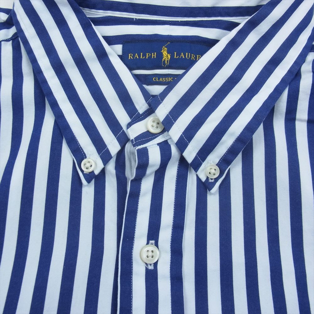 RALPH LAUREN ラルフローレン CLASSIC FIT クラシック フィット ストライプ ボタンダウン 長袖 シャツ ホワイト系 ネイビー系 XXL【中古】