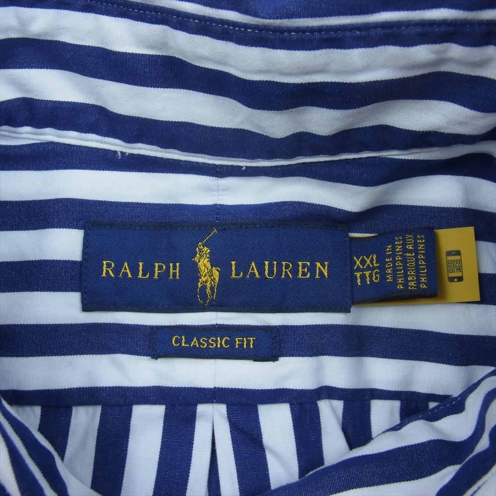 RALPH LAUREN ラルフローレン CLASSIC FIT クラシック フィット ストライプ ボタンダウン 長袖 シャツ ホワイト系 ネイビー系 XXL【中古】