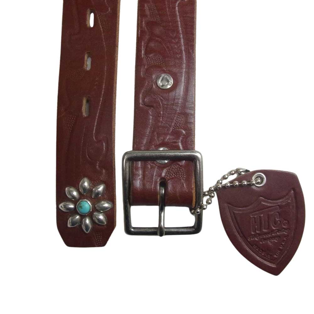 HTC エイチティーシー スタンダードカリフォルニア別注 Belt EMB12 End Only Flower Turquoise 1.25 ブラウン レザー スタッズ ベルト ブラウン系 32【極上美品】【中古】