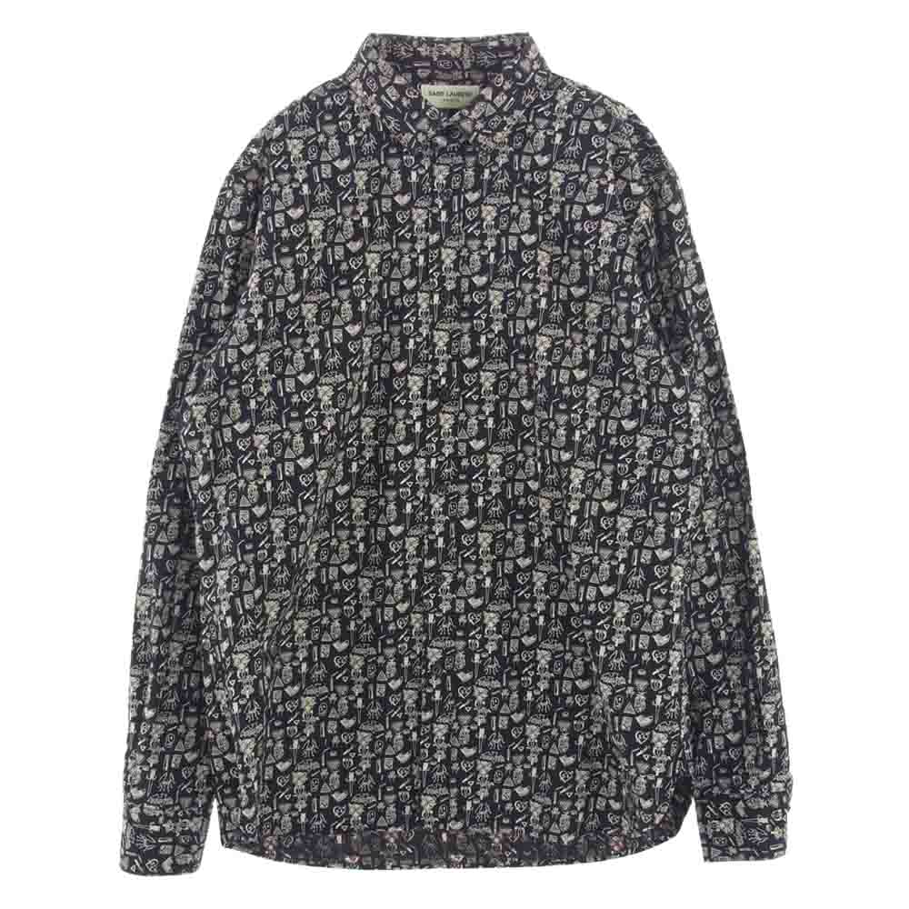 SAINT LAURENT サンローラン 14AW 340855 Y782F エディ期 総柄 アートプリント レギュラーカラー 長袖 シャツ ブラック系【中古】